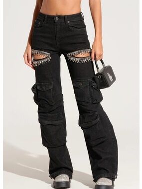Rhinestone Cutout Cargo Jeans